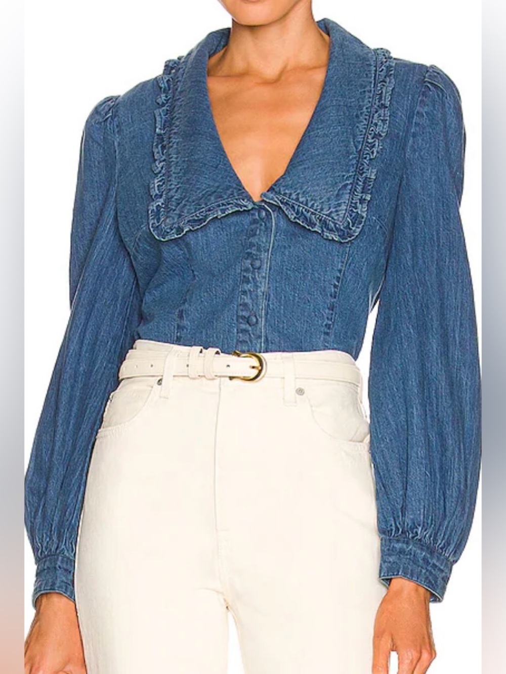 NWT Bardot chambray collar shirt blouse peter pan ruffle party street denim XS